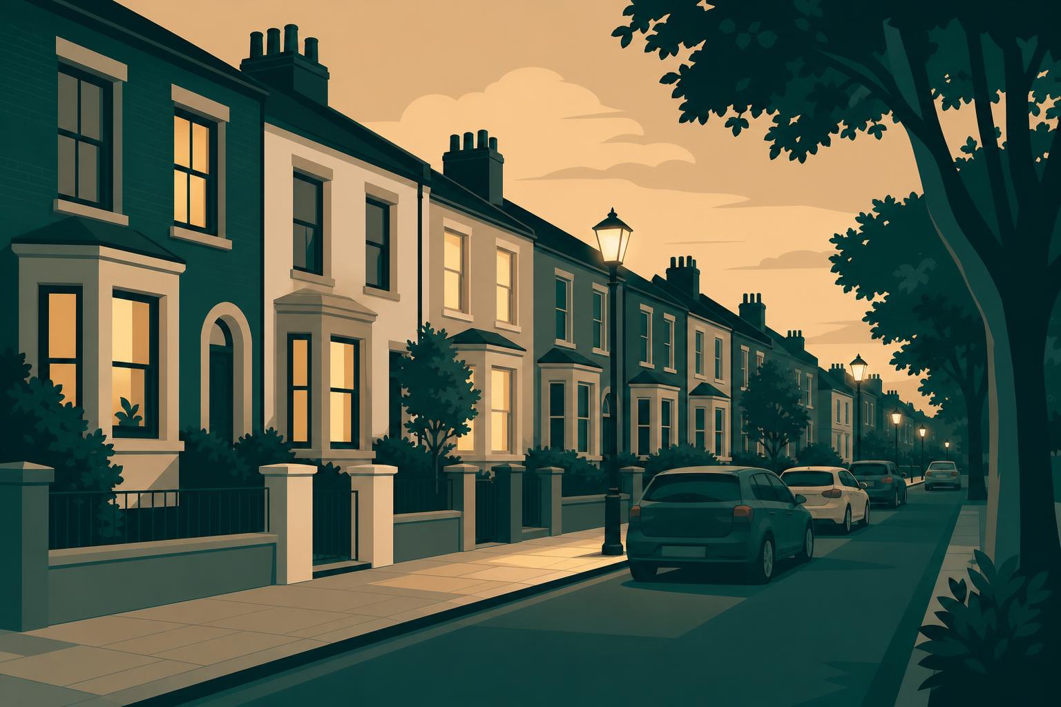 Residential street at dusk with streetlamps and terraced houses.