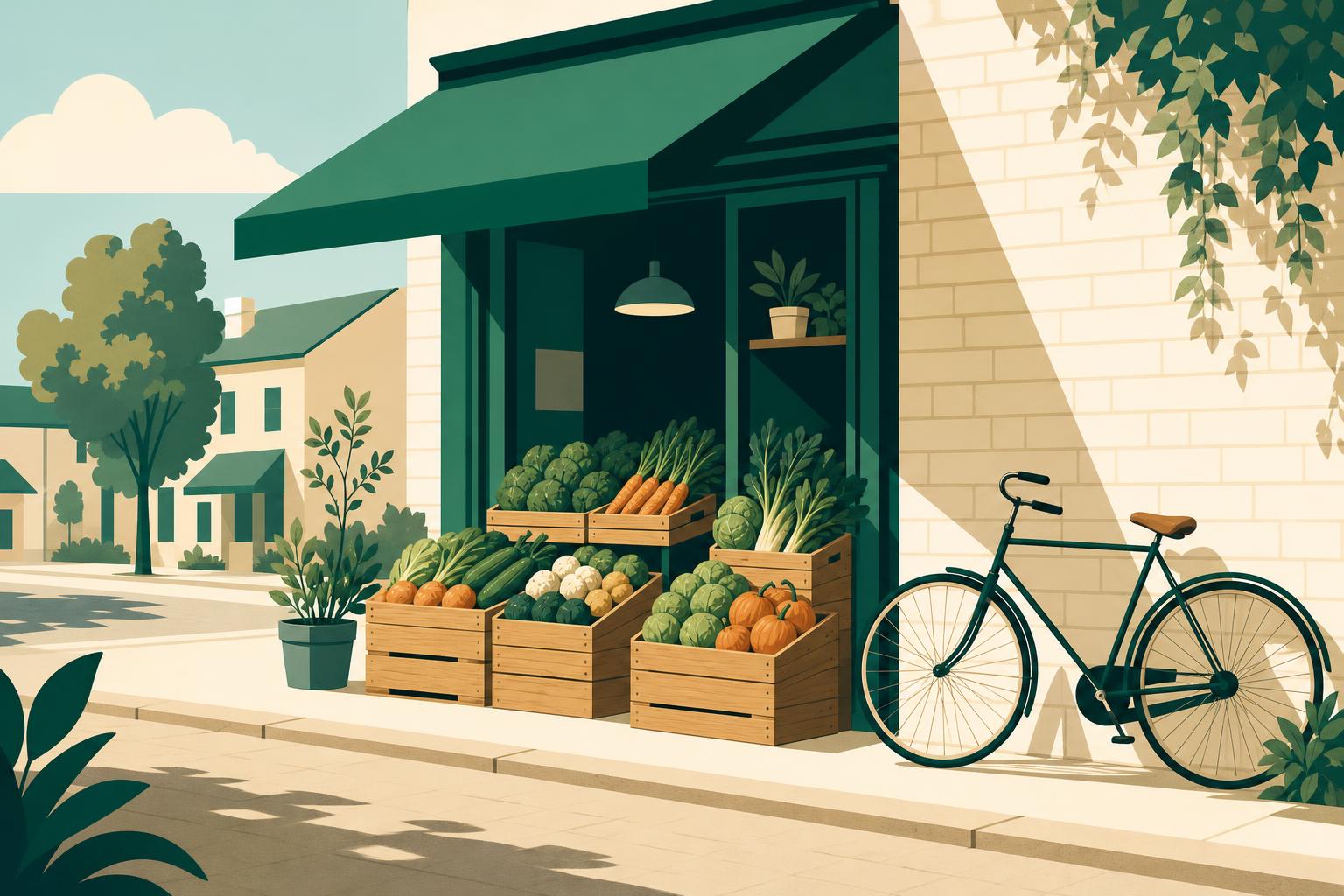 Corner shop with vegetable crates and a bicycle on a sunny morning.