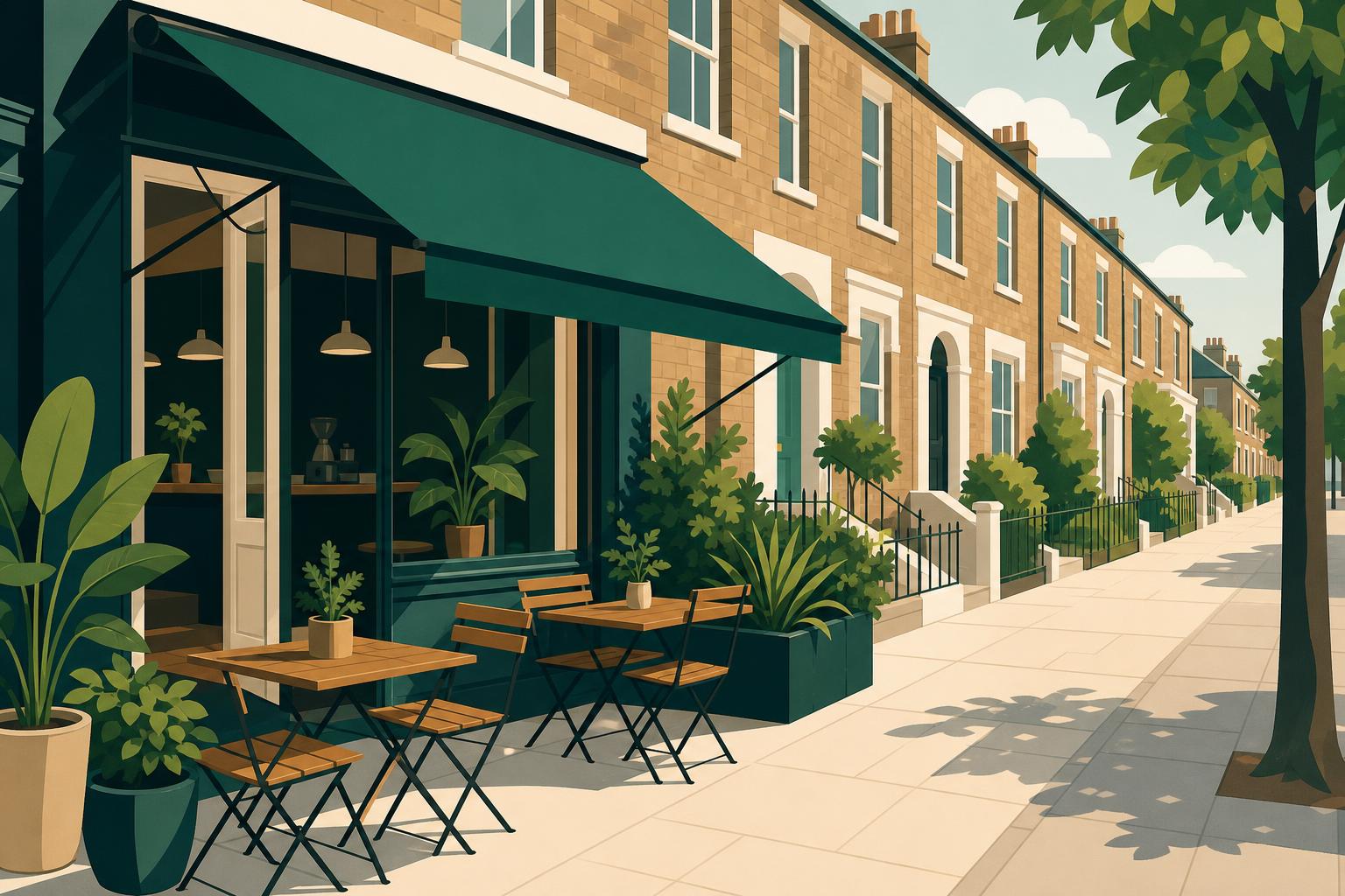 Outdoor cafe seating against brick terraced houses in afternoon light.