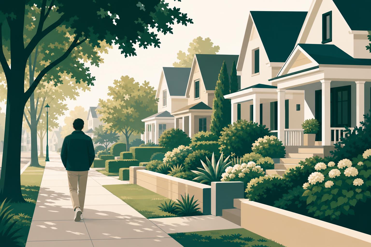Person walking down a tree-lined residential street in morning light.