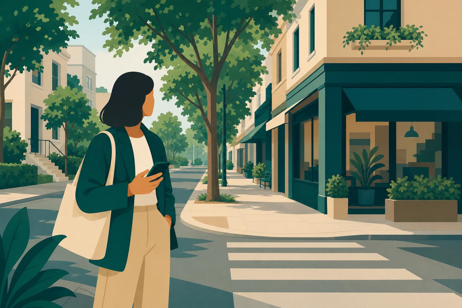 Person holding a smartphone on a residential street corner with shops and trees.
