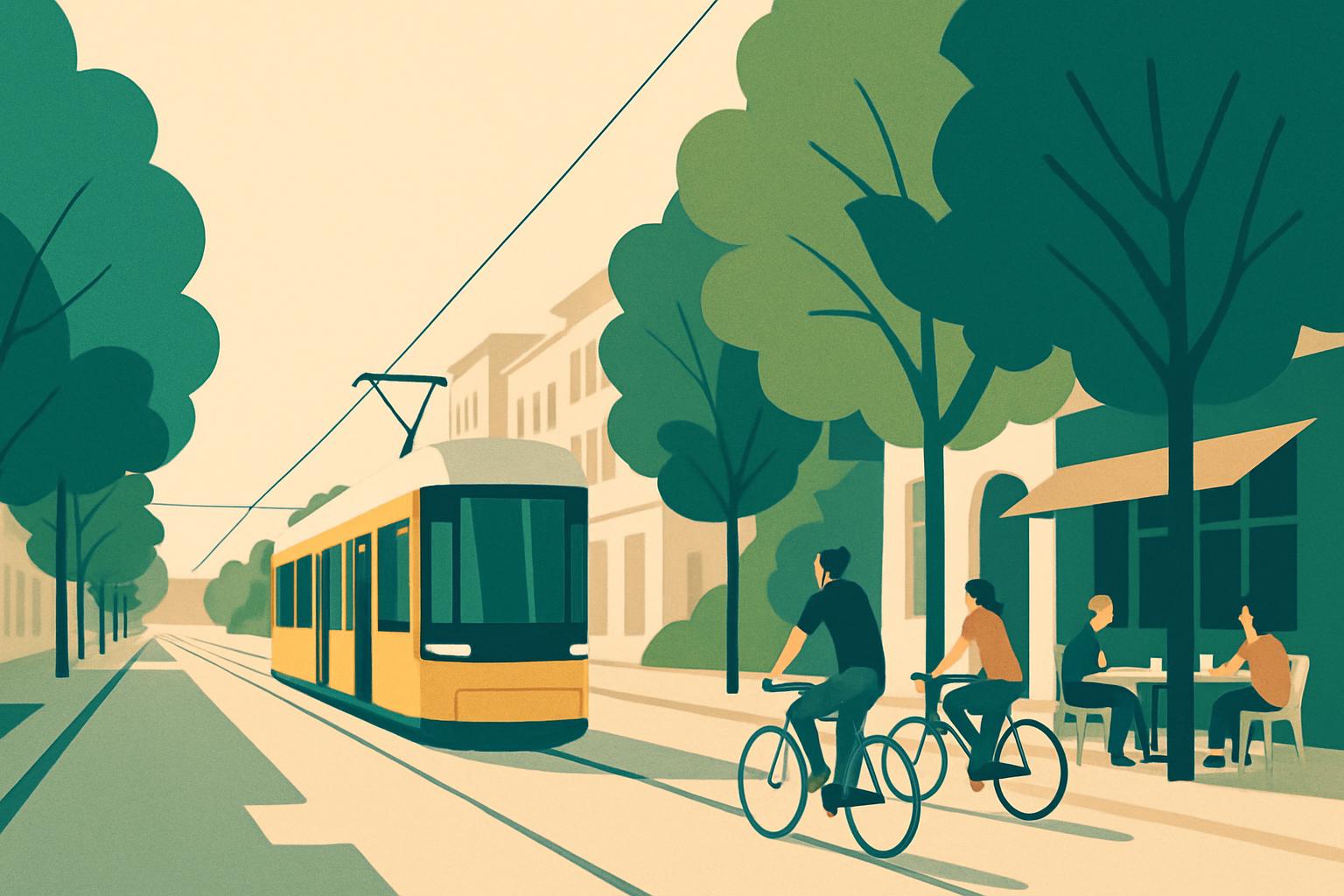 Illustration of a tram passing a tree-lined street with cyclists and a pavement café