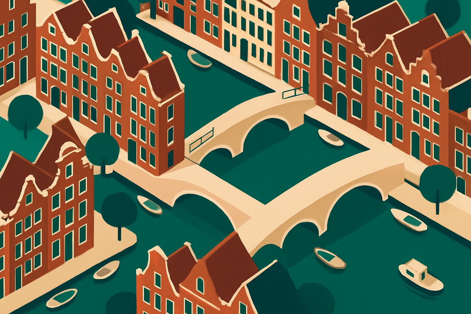 Isometric illustration of a canal district with gabled houses, bridges and small boats