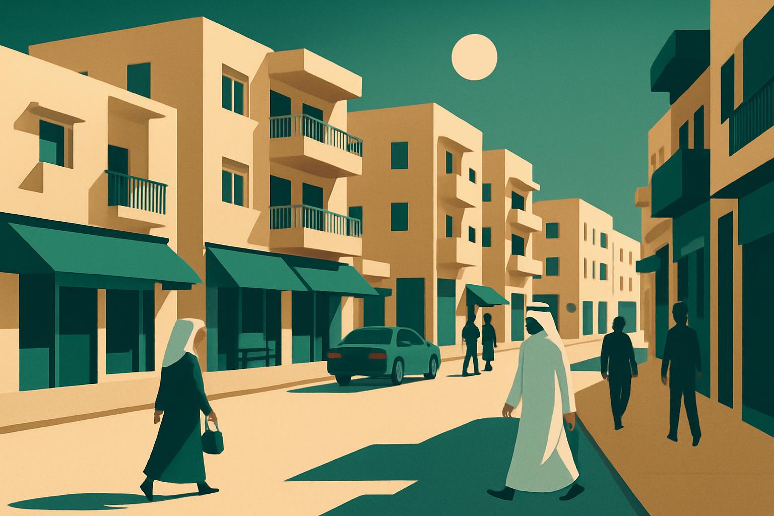 Illustration of a sunlit low-rise street with shaded shopfronts and people walking in strong midday light