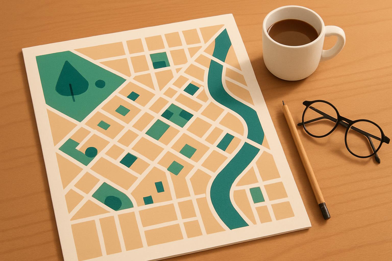 A printed street map with a coffee cup, pencil and glasses on a desk
