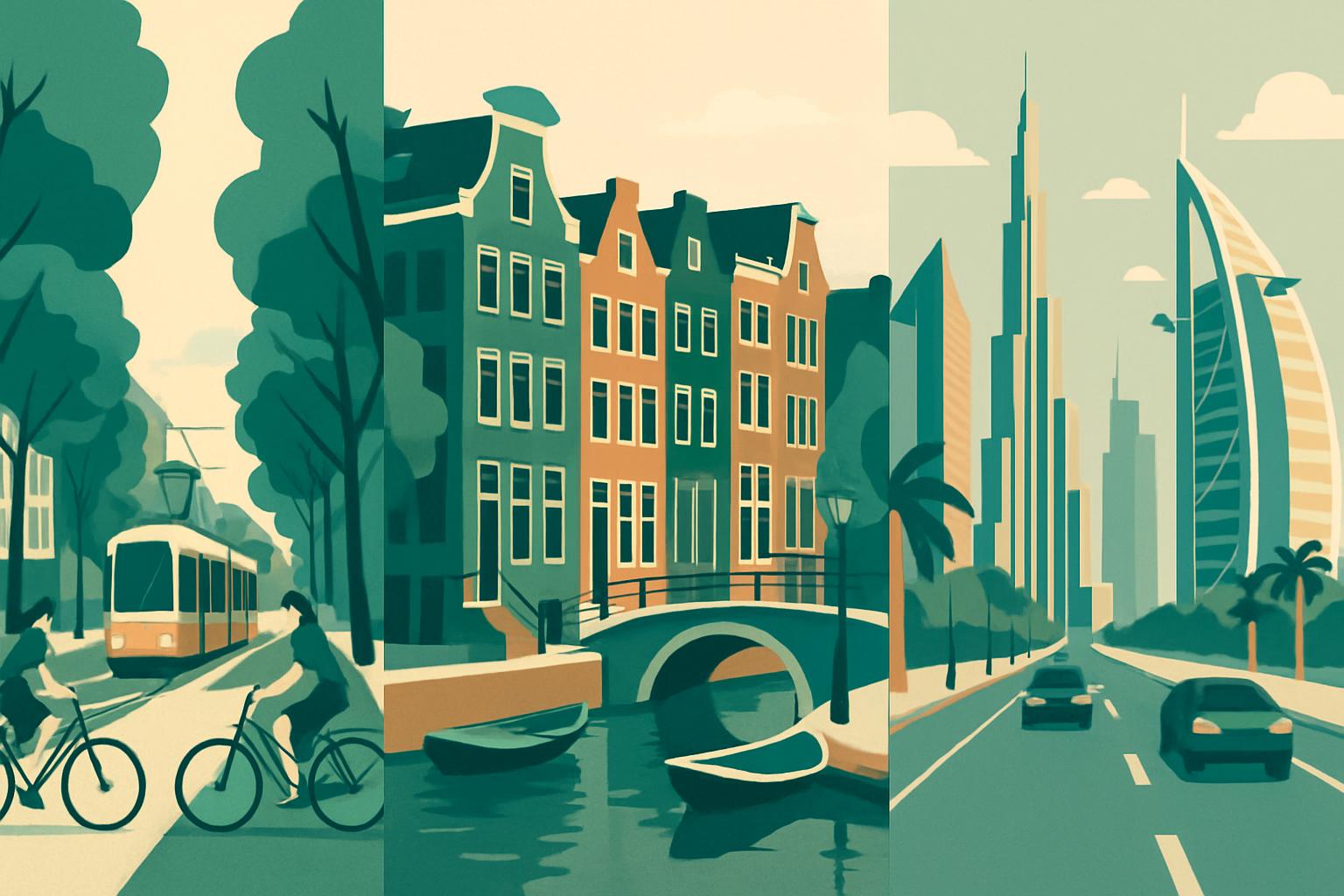 Triptych illustration of three city types: a tram and cyclists, a canal district, and a sunlit modern skyline