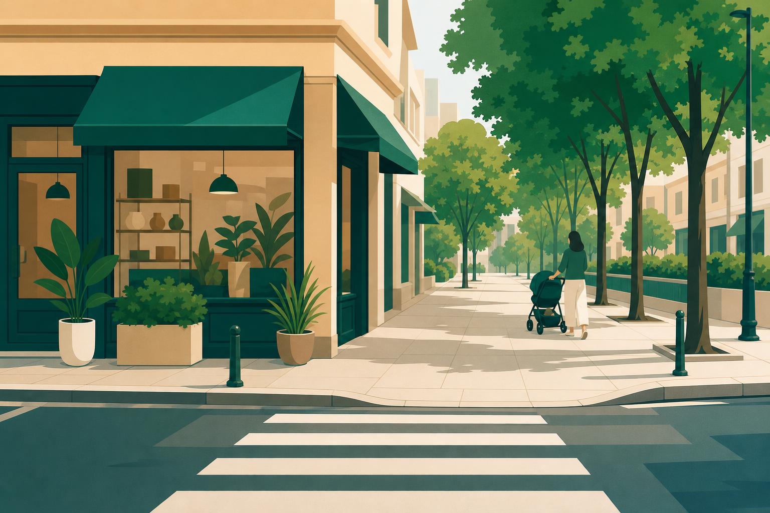 Wide pavement with a pedestrian crossing, shop front, and person with a stroller