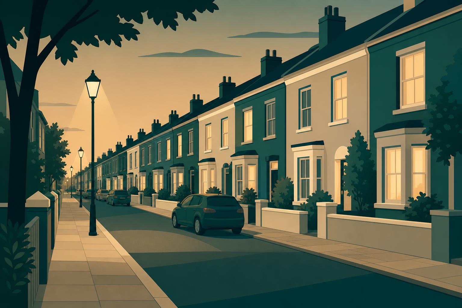 Residential street at dusk with lit street lamps and house fronts facing the pavement