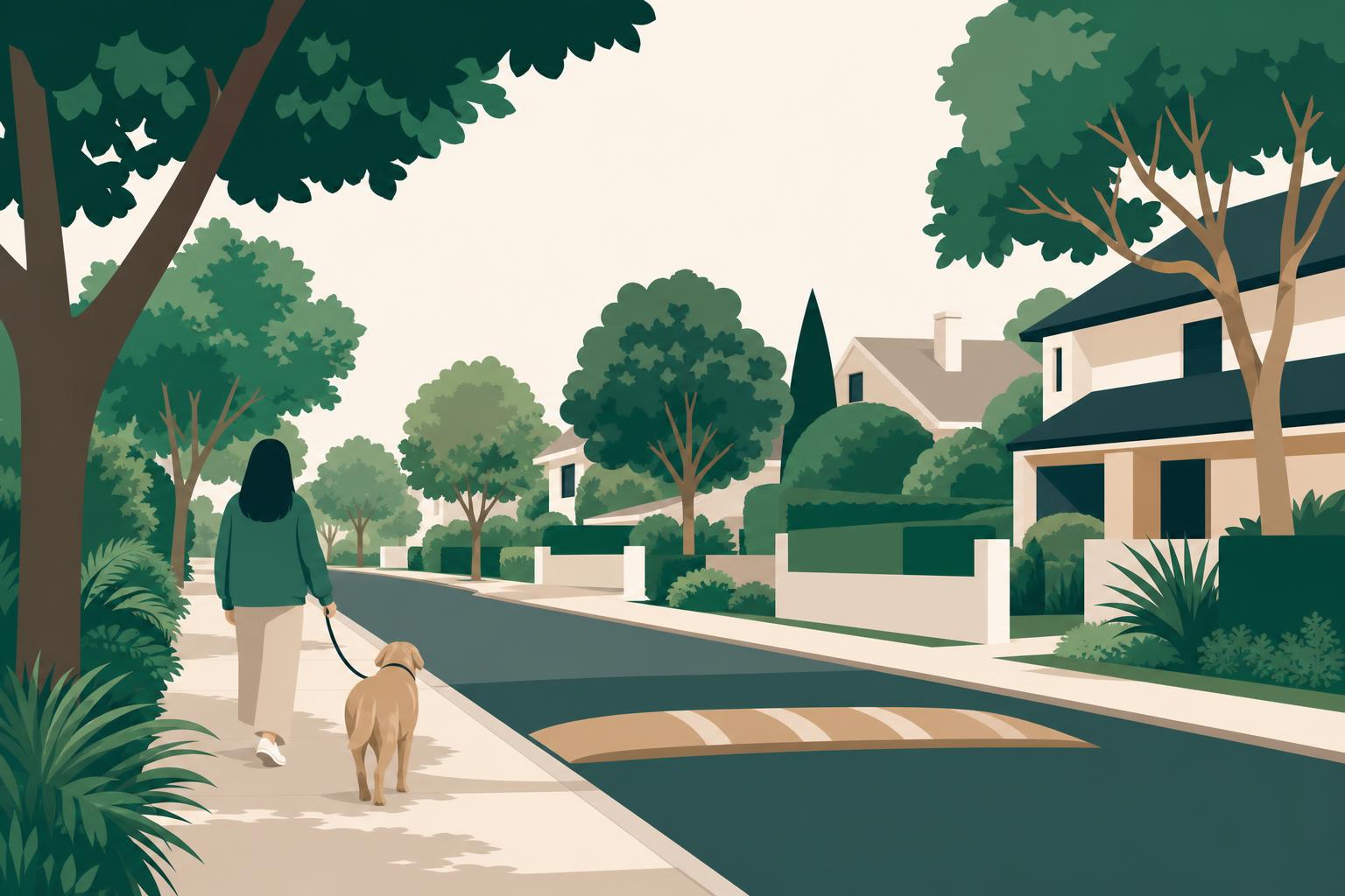 Calm residential street with a speed hump, trees, and a person walking a dog