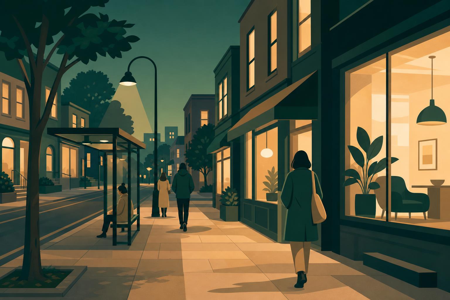 Evening street with lit shop windows, bus stop, and pedestrians