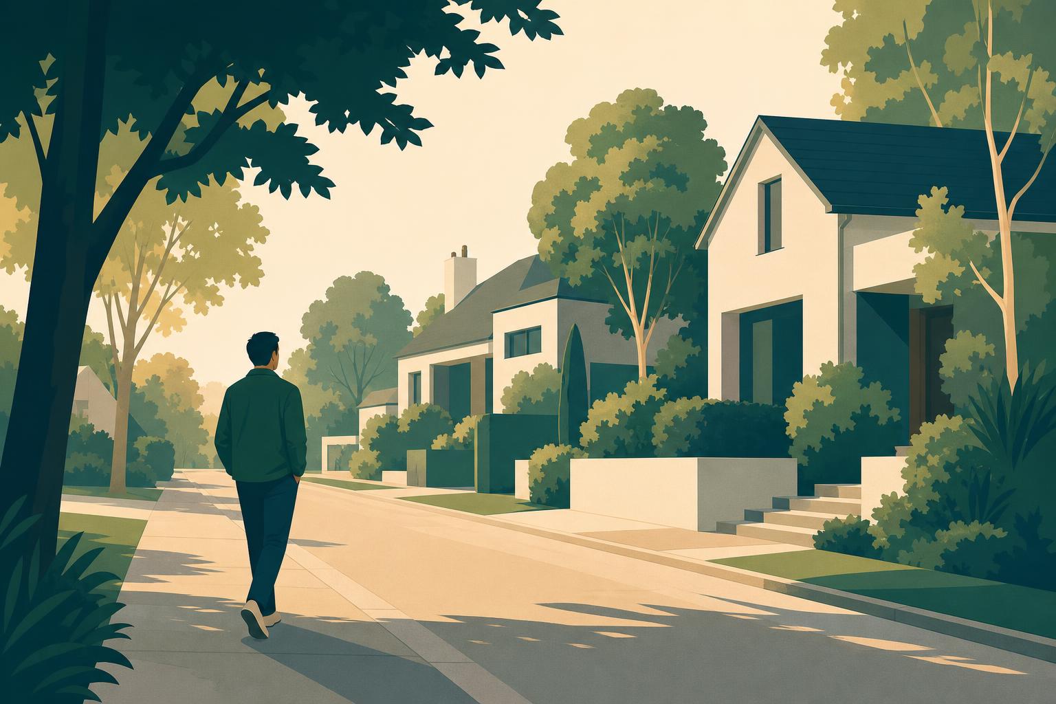 A person walking down a quiet residential street looking at the houses and trees