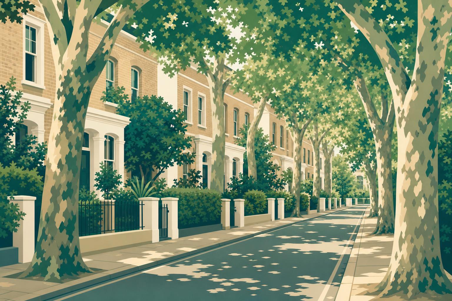 Tree-lined London street with terraced houses and dappled sunlight.