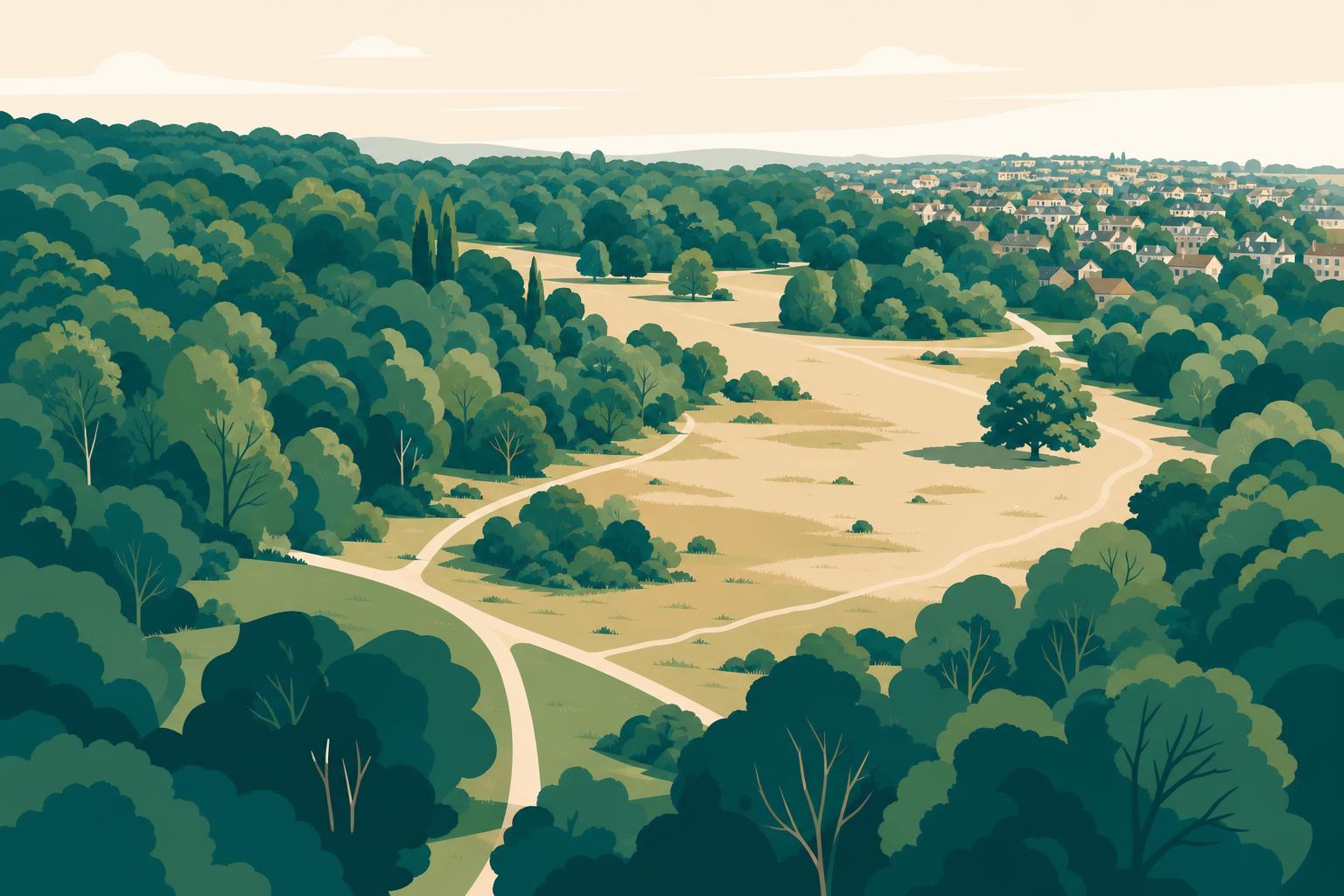 Aerial view of Hampstead Heath woodland and meadows bordering a residential area.