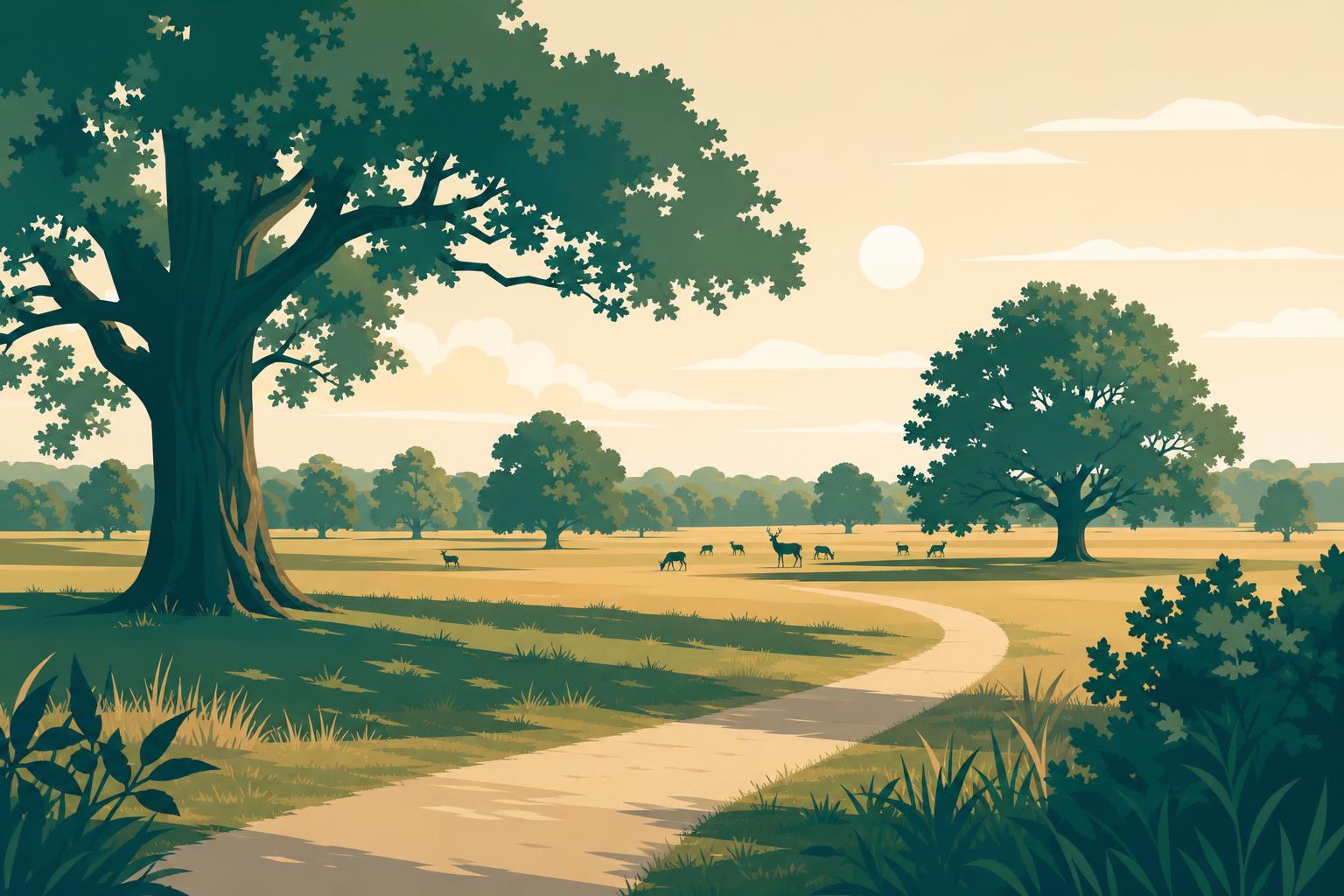 Open grassland and oak trees in Richmond Park with deer grazing.