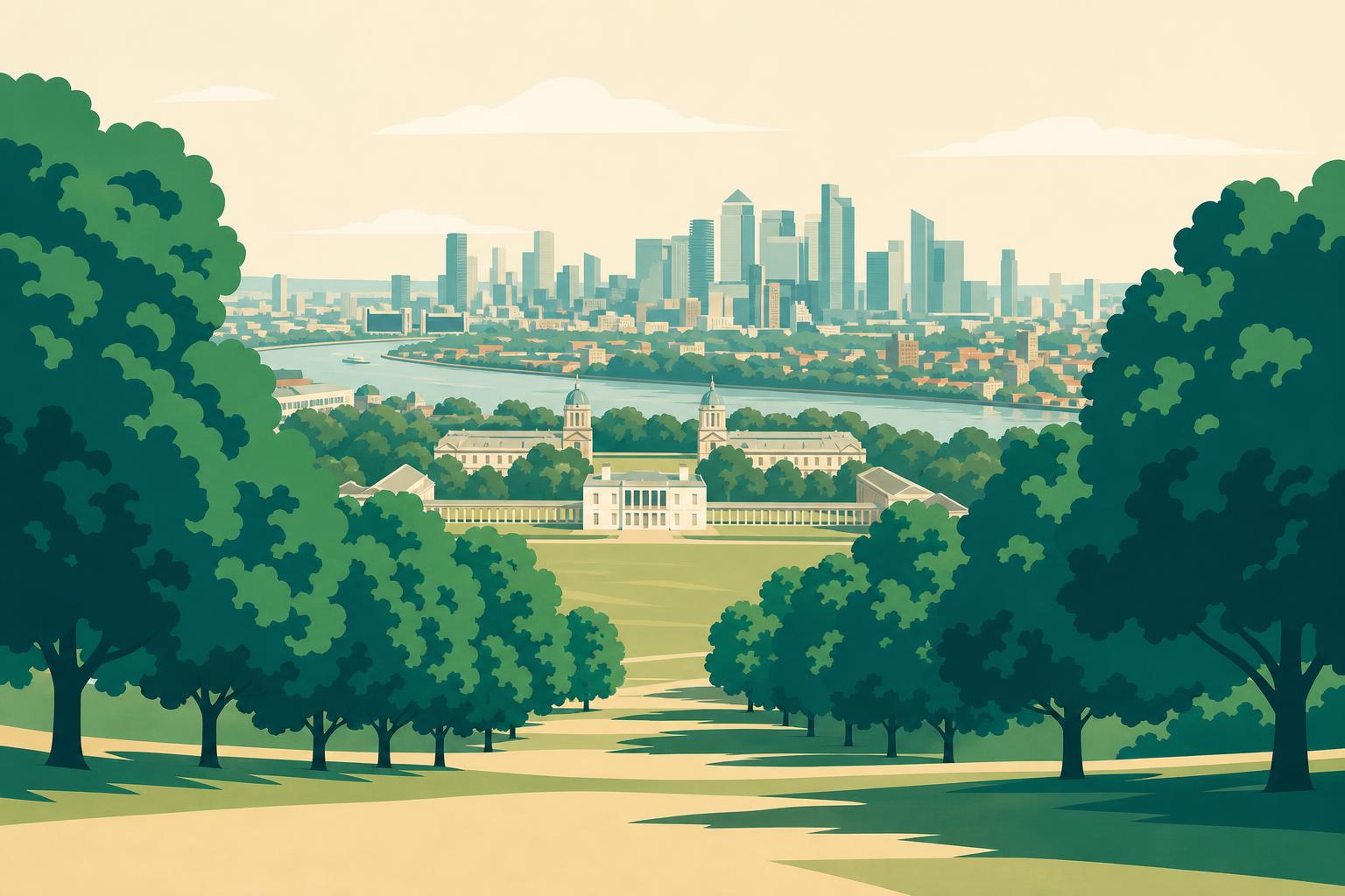View from Greenwich Park over London with trees and the city skyline.