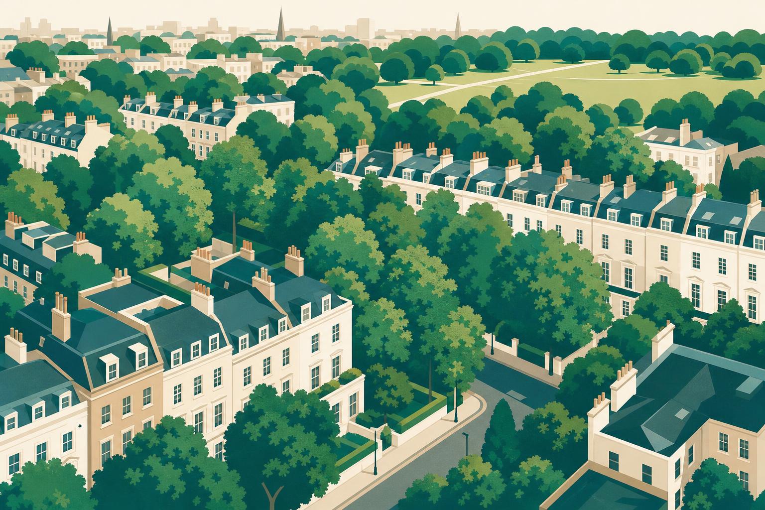 Aerial view of a leafy London neighbourhood with tree canopy and rooftops.