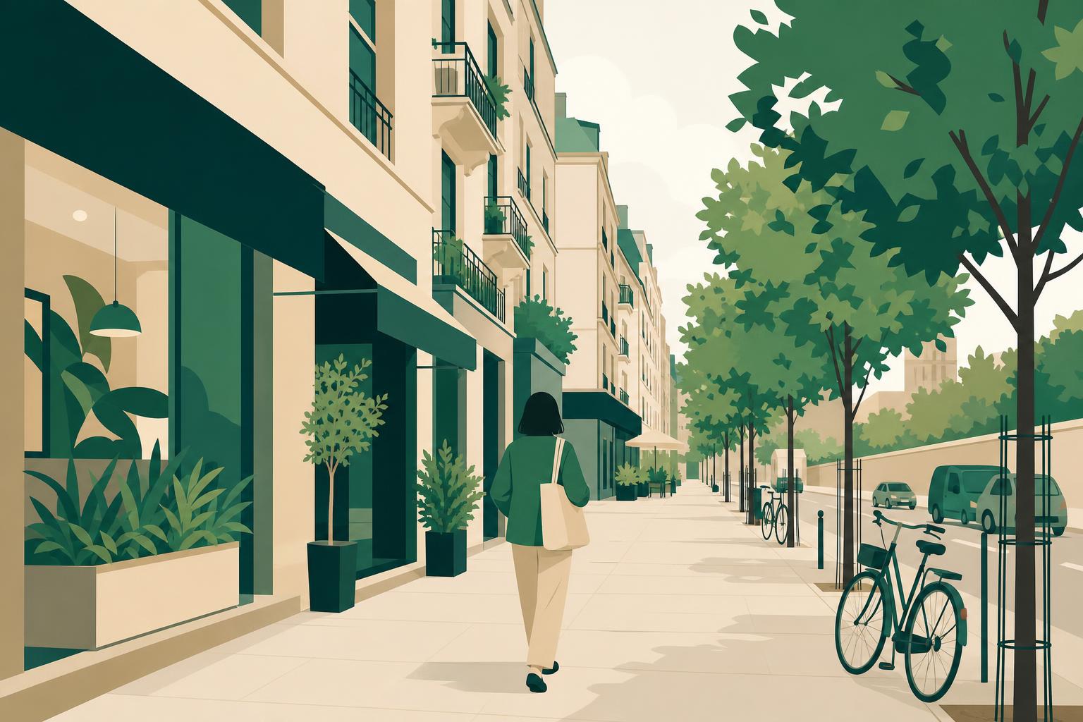 Person walking along a city sidewalk lined with local shops and apartments.