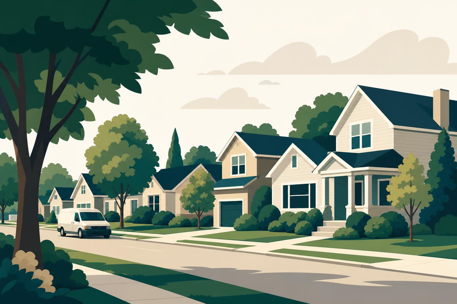 Suburban residential street with houses, lawns and a parked van.