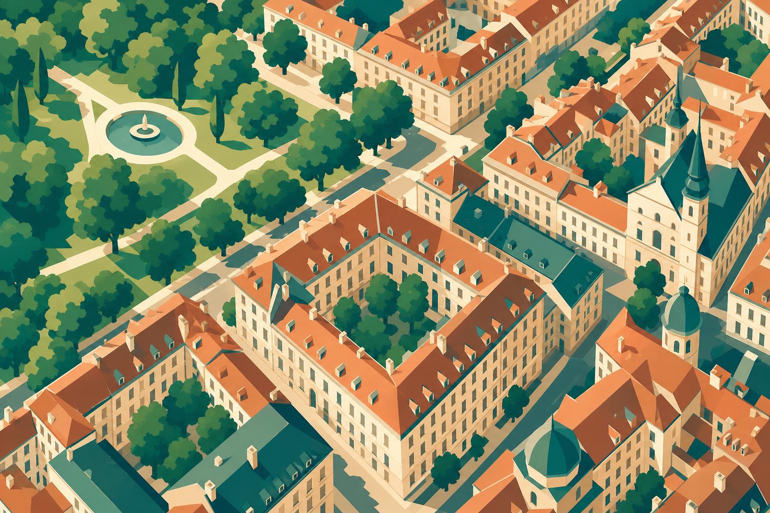 Aerial view of a dense city neighbourhood with courtyards, trees and red rooftops.