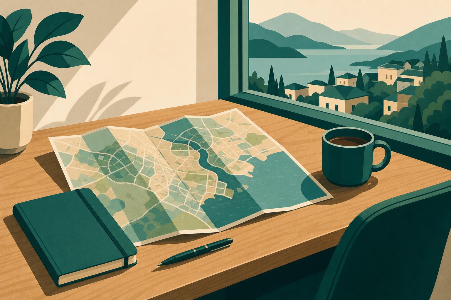 A desk with a paper map, notebook and coffee cup for planning a move.