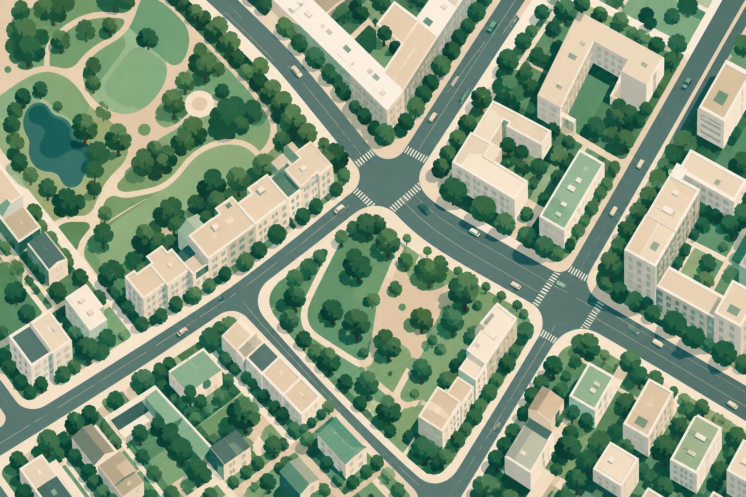 Aerial view of a mixed urban neighbourhood with streets, buildings and green spaces.